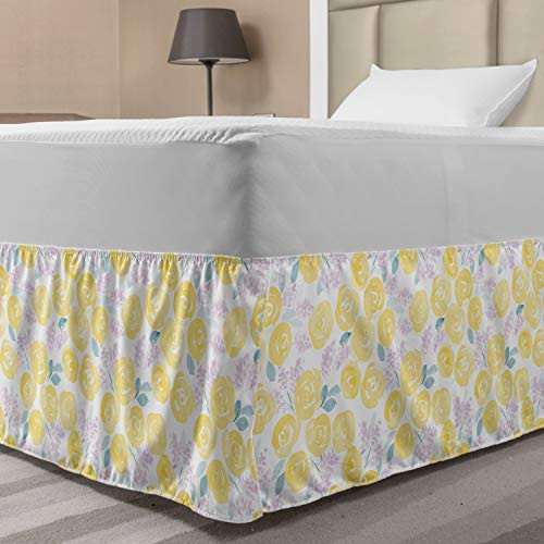 Lunarable Watercolor Flower Bedskirt Roses and Little Flowers Paint Effect Floral Vintage Artwork Print Bedroom Decor Wrap Around Elastic Bed Skirt Gathered Design Twin/Twin XL Yellow Lilac