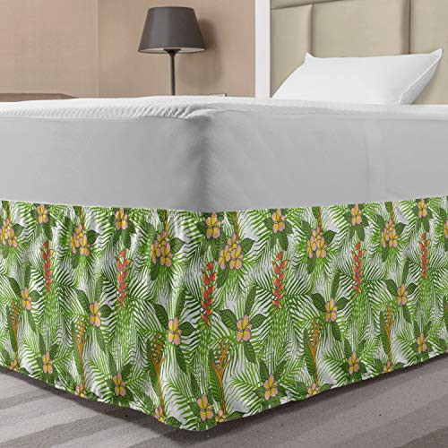 Ambesonne Spring Elastic Bed Skirt Tropical Palm Leaves with Hibiscus Flowers Aloha Flowers Jungle Foliage Wrap Around Fabric Bedskirt Dust Ruffle for Bedroom Twin/Twin XL Fern Green