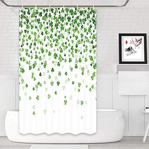 JAWO St. Patricks Day Clover Shower Curtain Green Clover Shamrock Irish St Patricks Day Shamrock Bathroom Shower Curtain Set Fabric Shower Curtain Set with Hooks 36X72 in