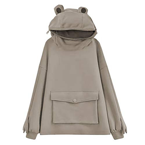 Womens Cute Frog Hoodie Loose Pullover Zip up Hooded Top Sweatshirt with Large Front Pocket