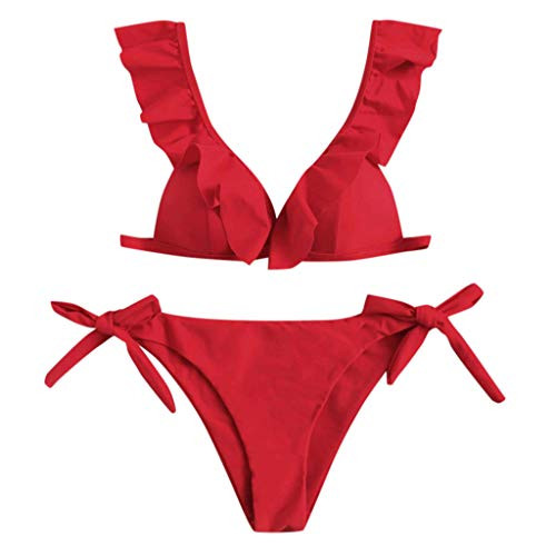 Padaleks Womens Bikini Swimsuits Ruffle Flounce Tankini Top with Tie Side Bottom Shorts Two Piece Bathing Suits Red