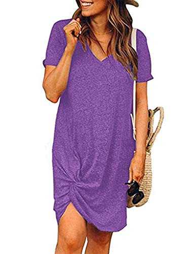 Locryz Womens Summer Short Sleeve Loose Plain V Neck Casual Short Dress XL Purple