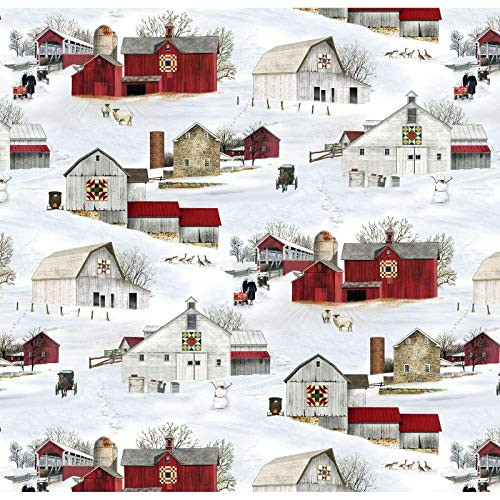 Headin Home Barn Quilts  and  Covered Bridges Snow Scenic from Elizabeths Studio 100 percent Cotton Quilt Fabric by The Yard 4708 Snow