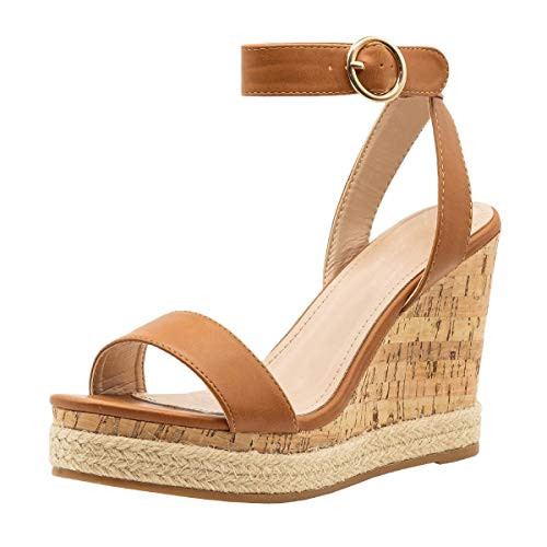 Nailyhome Womens Espadrille Wedge Sandals Ankle Strap Buckle Open Toe Platform Casual Slingback Shoes Brown