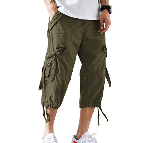 AOYOG Mens Cargo Shorts 3/4 Relaxed Fit Below Knee Capri Cargo Pants Cotton Army Green AOYOG Mens Cargo Shorts 3/4 Relaxed Fit Below Knee Capri Cargo Pants Cotton Army Green