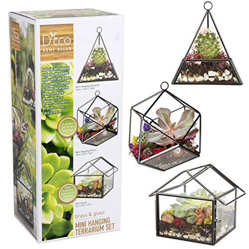 Deco Glass Geometric Brass Terrarium 3 Pack Succulent  and  Air Plant- Mini Triangle -10 x 10 x 10 cm- Mini House -9 x 9 x 10 cm- Mini Prism -10 x 8 x 10 cm-