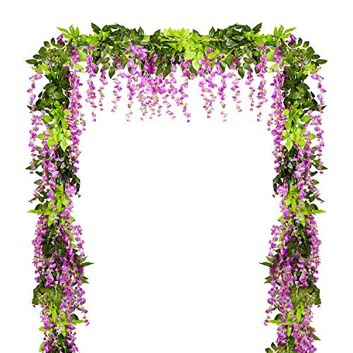 Lvydec Wisteria Artificial Flowers Garland 4 Pcs Total 28.8ft Artificial Wisteria Vine Silk Hanging Flower for Home Garden Outdoor Ceremony Wedding Arch Floral Decor -Purplish Red-