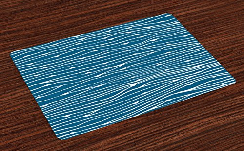 Lunarable Blue and White Place Mats Set of 4 Hand Drawn Wave Monochrome Stripes with Half Circles Ornamental Design Washable Fabric Placemats for Dining Table Standard Size White Blue
