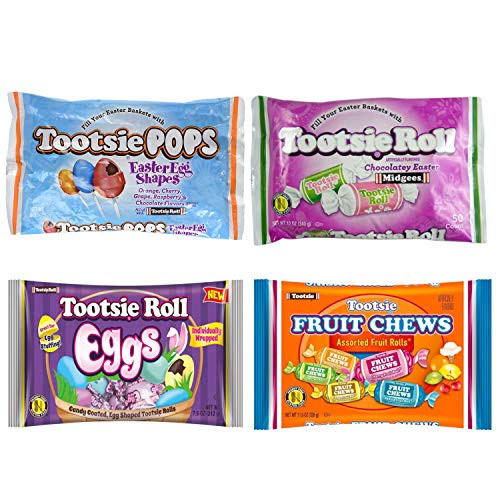 Tootsie Rolls Bulk Fruities Tootsie Candy 4 Variety Pack - Tootsie Roll Eggs Easter Tootsie Roll Pops Chocolatey Midgees Fruit Chews -2.5LB Vanilla Lemon Cherry Orange Lime Grape Raspberry Flavors
