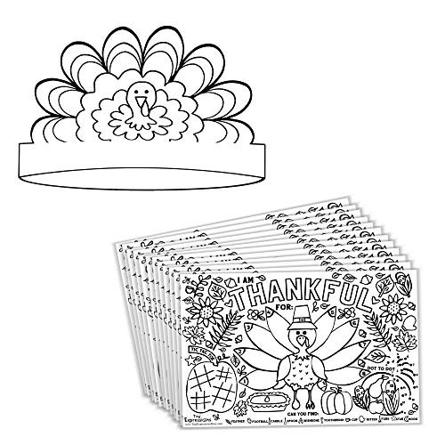 Tiny Expressions - Fall Thanksgiving Turkey Coloring Placemats and Crowns for Kids - Coloring Activity Paper Table Mats for Children to Write Thankful List - Disposable Bulk Bundle Set