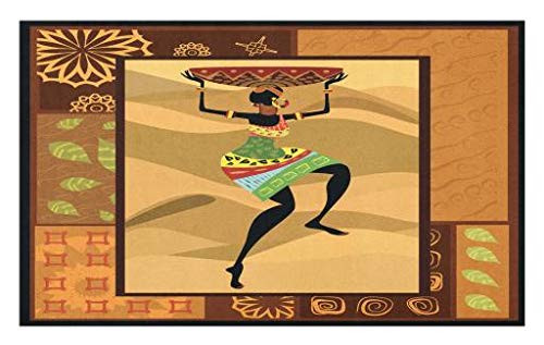 Lunarable African Doormat Pattern with Traditional Boho Elements Exotic Zulu Woman Print Decorative Polyester Floor Mat with Non-Skid Backing 30 inch X 18 inch Ginger Brown