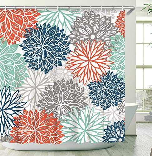 Stacy Fay Floral Shower Curtain Dahlia Shower Curtains Set with 12 Hooks Waterproof Fabric Bathroom Curtain Flowers 72 x 72 Inch Red Blue Green Grey Dahlia Flowers Shower Curtains