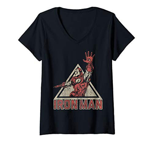 Womens Marvel Iron Man Vintage Action Pose Triangle Portrait V-Neck T-Shirt Womens Marvel Iron Man Vintage Action Pose Triangle Portrait V-Neck T-Shirt