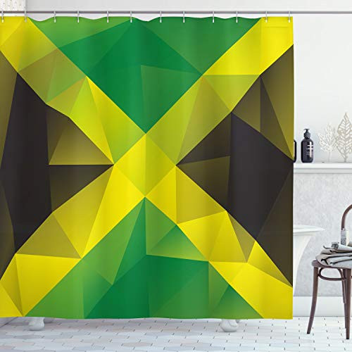 Ambesonne Jamaican Shower Curtain Triangular Polygon Design Abstract Flag Geometric National Cloth Fabric Bathroom Decor Set with Hooks 75 inch Long Yellow Green