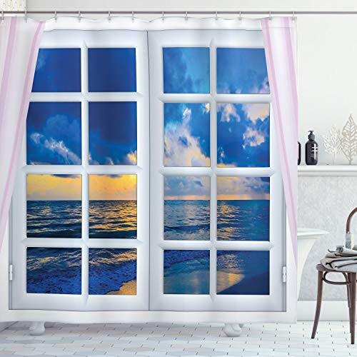 Ambesonne Landscape Shower Curtain Sunset on The Sea Scenery from Window with Open Curtains Horizon Silence Relaxing Cloth Fabric Bathroom Decor Set with Hooks 75 inch Long White Blue