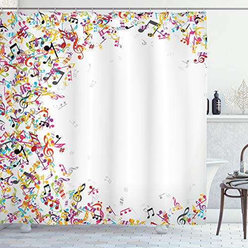 Ambesonne Music Shower Curtain Colorful Musical Notes with Frame Festival Singing Enjoyment Fashion Themed Print Cloth Fabric Bathroom Decor Set with Hooks 75 inch Long White Yellow