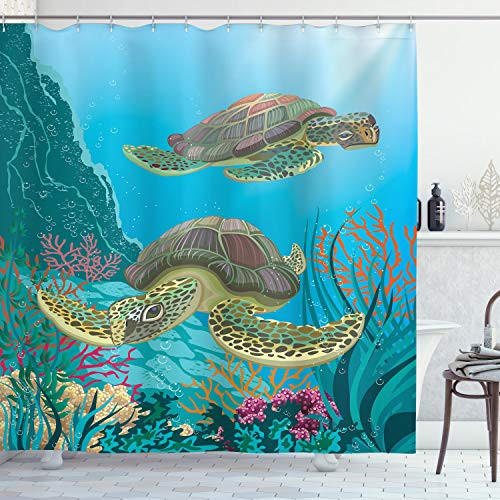 Ambesonne Sea Animals Shower Curtain Illustration of 2 Sea Turtles Swimming Underwater Aquatic Wildlife Colorful Cloth Fabric Bathroom Decor Set with Hooks 75 inch Long Blue Mint