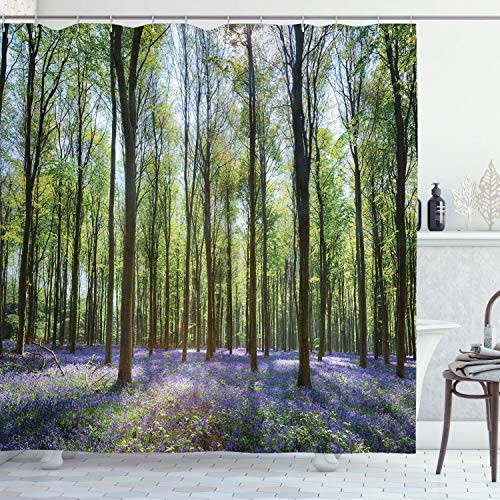 Ambesonne Woodland Shower Curtain Bluebells in Wepham Woods Landscape Flowers Rural Countryside Woodland Cloth Fabric Bathroom Decor Set with Hooks 75 inch Long Green Lavender