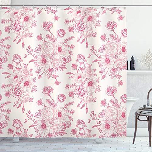 Ambesonne Floral Shower Curtain Romantic Rose Flower Bouquet Blooms in Soft Pastel Tones Botanical Rococo Design Cloth Fabric Bathroom Decor Set with Hooks 75 inch Long Pink