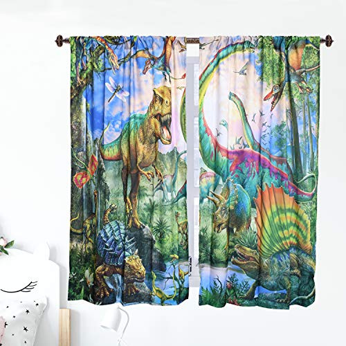 Sevendec Cartoon Dinosaur Curtains for Kids Room Jurassic Animals Pattern Window Curtain Panels Decor for Bedroom Rod Pocket 2 Panels W42 x L63
