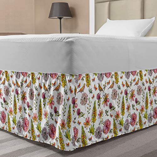 Ambesonne Hummingbird Bed Skirt Spring Time Nature Awakening Singing Birds Flying Butterflies Elastic Bedskirt Dust Ruffle Wrap Around for Bedding Decor Twin/Twin XL Yellow Multicolor