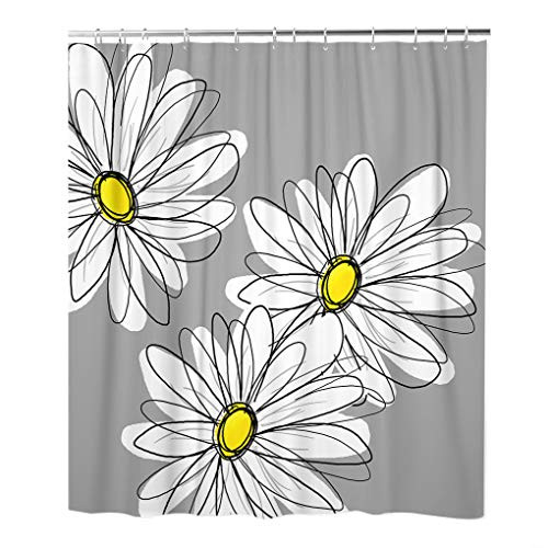 rouihot Shower Curtain Set with Hooks Trendy Daisy with Gray and Yellow 72x72 Inch Waterproof Polyester Fabric Bath Bathroom Curtain