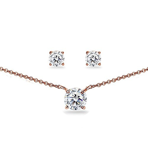 GemStar USA Rose Gold Flashed Sterling Silver Cubic Zirconia Round Solitaire Choker Necklace and Stud Earrings Set