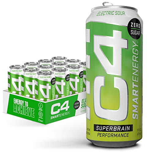 C4 Smart Energy Sugar Free Energy Drink 16oz -Pack of 12- - Electic Sour - Performance Fuel  and  Nootropic Brain Booster with No Artificial Colors or Dyes