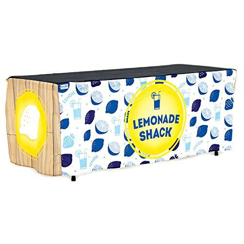 HIDEABOO Lil' Biz Polyester Easy Lemonade Stand 6 Foot Folding Table Cover, Shack Blue and Yellow