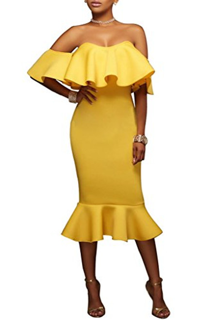 Wonderoy Womens Off Shoulder Ruffle Club Evening Party Bodycon Mermaid Midi Dress M Yellow Wonderoy Womens Off Shoulder Ruffle Club Evening Party Bodycon Mermaid Midi Dress M Yellow