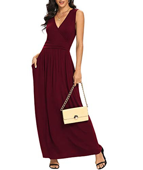 LILBETTER Women Sleeveless Deep V Neck Loose Plain Long Maxi Casual Dress-Wine RedMedium- LILBETTER Women Sleeveless Deep V Neck Loose Plain Long Maxi Casual Dress-Wine RedMedium-