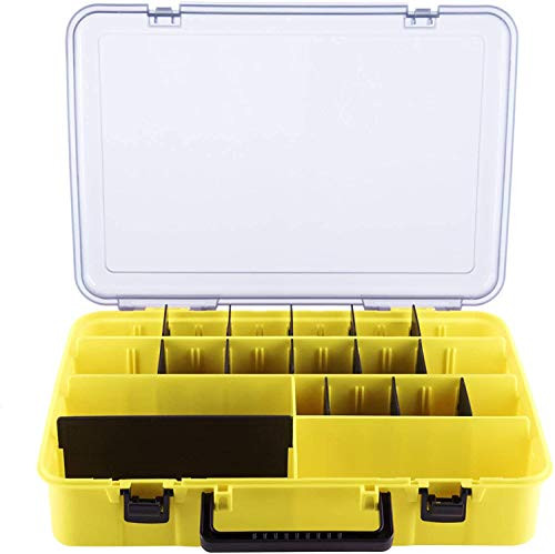 LESOVI Large Tackle Box with Secure Locks Adjustable Divider Removable 33 Compartments Hardware Box Storage for Hook Bait Reel Swivel Hardware Screws Bolts -Yellow-Large Tackle Box-