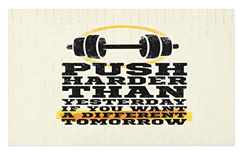 Ambesonne Fitness Doormat Push Harder Sports Phrase Positive Message Grungy Display with Dumbbell Decorative Polyester Floor Mat with Non-Skid Backing 30 inch X 18 inch Cream Black Yellow