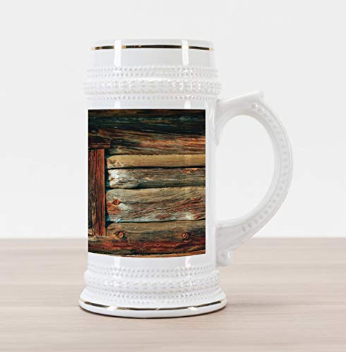 Ambesonne Scenery Beer Stein Mug Single Window with White Curtain on a Wooden Background Lumberjack House Photo Traditional Style Decorative Printed Ceramic Large Beer Mug Stein Brown and Blue