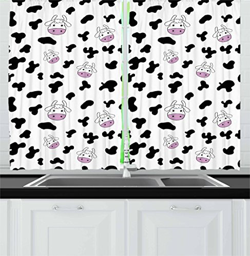 Ambesonne Cow Print Kitchen Curtains, Animal Cow Hide Pattern Doodle Cartoon Children Drawing Farming Husbandry, Window Drapes 2 Panel Set for Kitchen Cafe, 55 W X 39 L Inches, Black White Lilac