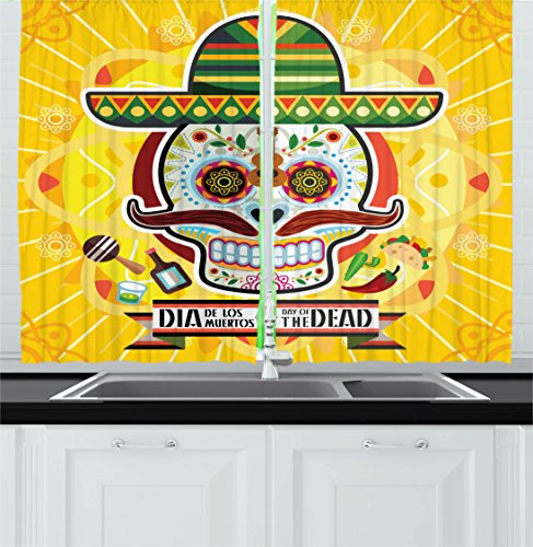 Ambesonne Day Of The Dead Decor Kitchen Curtains, Mexican Sugar Skull with Tacos and Chili Pepper November 2nd Colorful Art, Window Drapes 2 Panels Set for Kitchen Cafe, 55 W X 39 L Inches, Yellow