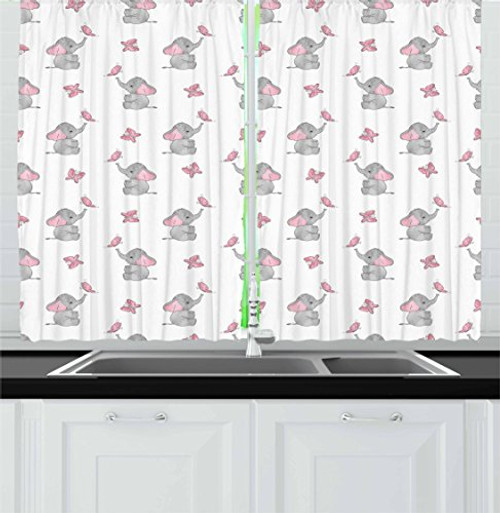 Ambesonne Elephant Nursery Decor Kitchen Curtains, Baby Elephants Playing with Butterflies Lovely Kids Room, Window Drapes 2 Panel Set for Kitchen Cafe, 55 W X 39 L Inches, Grey Light Pink White Ambesonne Elephant Nursery Decor Kitchen Curtains, Baby Elephants Playing with Butterflies Lovely Kids Room, Window Drapes 2 Panel Set for Kitchen Cafe, 55 W X 39 L Inches, Grey Light Pink White