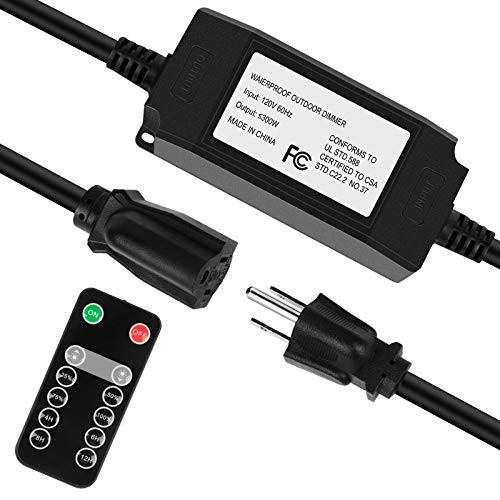 Outdoor Dimmer for String Lights Wireless RF Remote Control Plug-in Dimmer with 4 Brightness Modes Waterproof Dimmer for LED Dimmable String Light or Bulbs -SJTW 3/C 18 AWG 300W-