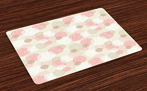 Lunarable Abstract Place Mats Set of 4 Abstract Circle Shapes with Polkadots Romantic Feminine Pastel Color Washable Fabric Placemats for Dining Room Kitchen Table Decor Eggshell Pale Pink White