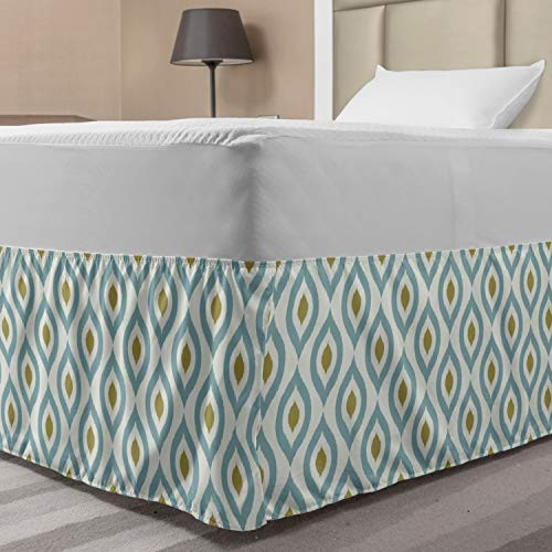 Lunarable Ikat Bed Skirt Geometric Retro Ikat Tribal Pattern Classic Indigenous Lines Eastern Design Elastic Bedskirt Dust Ruffle Wrap Around for Bedding Decor Twin/Twin XL Mustard Blue Cream