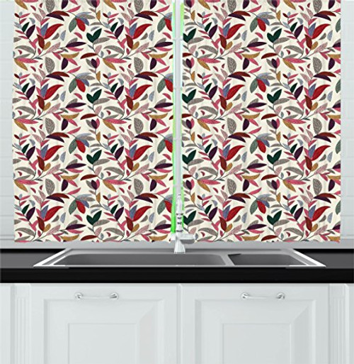 Ambesonne Flower Kitchen Curtains, Plant Swirls Leaves in Modern Hand Painted Like Image with Cream Backdrop Art Print, Window Drapes 2 Panels Set for Kitchen Cafe, 55 W X 39 L Inches, Multicolor