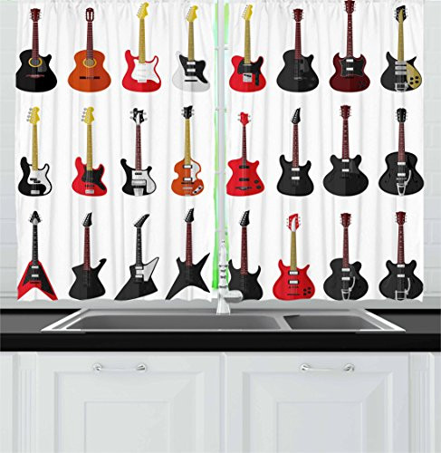 Ambesonne Guitar Kitchen Curtains, Musical Instruments Set Pattern with Various Acoustic Bass Making Music, Window Drapes 2 Panel Set for Kitchen Cafe, 55 W X 39 L Inches, Vermilion Black White