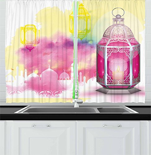 Ambesonne Lantern Kitchen Curtains, Silhouette of Religious Building Artistic Composition with Antique Lantern, Window Drapes 2 Panel Set for Kitchen Cafe, 55 W X 39 L Inches, Hot Pink Multicolor