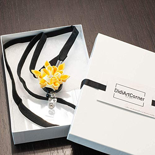 Yellow Flower on Cruise Lanyard with ID Holder - Flat ID Lanyard with Retractable Badge Reel  and  Heavy Duty Clear Vertical ID Card Name Badge Holder