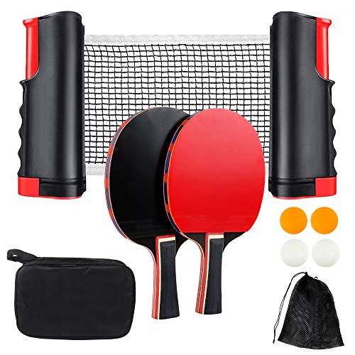 LanScren Ping Pong Paddle Set with Retractable Net 2 Ping Pong Paddles with 4 Table Tennis Balls and Retractable Ping Pong Net Professional Ping Pong Paddles Good Spin for Anyone