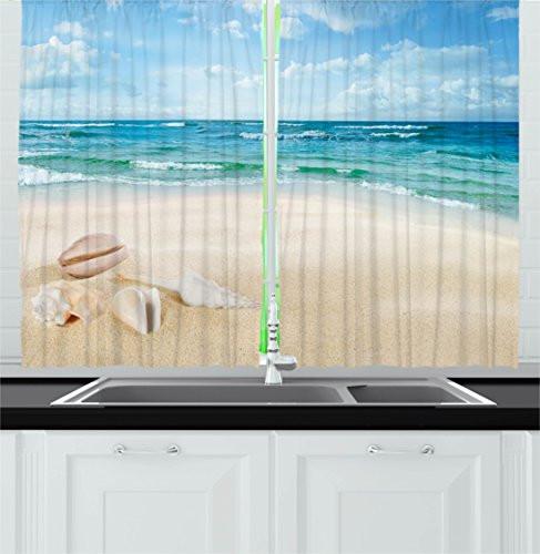Ambesonne Ocean Decor Kitchen Curtains, Beach Sand Waves Sealife Marine Decor with Shels Hot Summer Sun Print, Window Drapes 2 Panels Set for Kitchen Cafe, 55W X 39L Inches, Teal Blue Cream