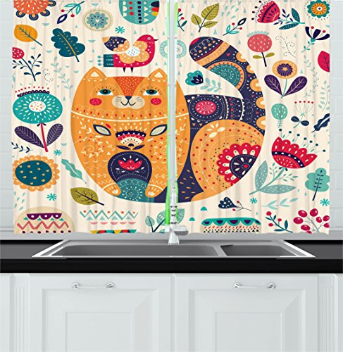 Ambesonne Paisley Decor Kitchen Curtains, Little Smiling Chubby Cheek Cat with Various Oriental Leaf Flower Decor Art, Window Drapes 2 Panels Set for Kitchen Cafe, 55 W X 39 L Inches, Multicolor