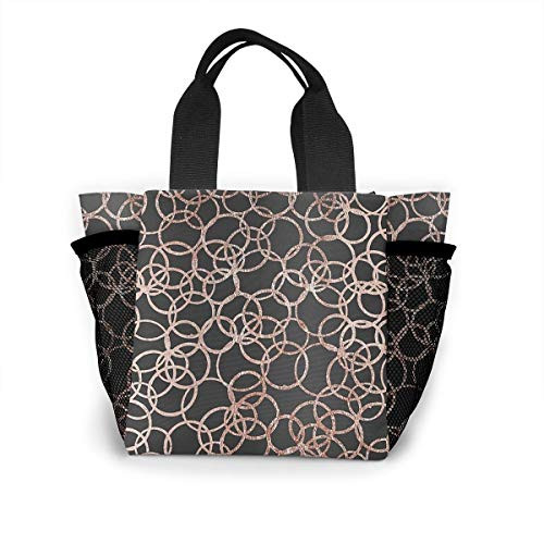 njfhgk Modern Rose Gold Circles On Charcoal Insulated Lunch Tote Bag Handbag Lunchbox Gourmet Tote Food Container for Outdoor Picnic