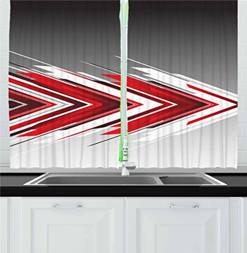 Ambesonne Red and Black Kitchen Curtains, Futuristic Modern Arrows in Order Digital Art Print, Window Drapes 2 Panels Set for Kitchen Cafe, 55W X 39L Inches, Charcoal Grey Light Grey and White