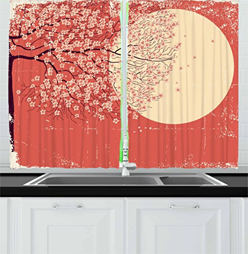 Ambesonne Spring Kitchen Curtains, Cherry Blossom Sakura Tree Branches on Moon Japanese Style Illustration, Window Drapes 2 Panel Set for Kitchen Cafe, 55 W X 39 L Inches, Coral Pale Yellow Plum